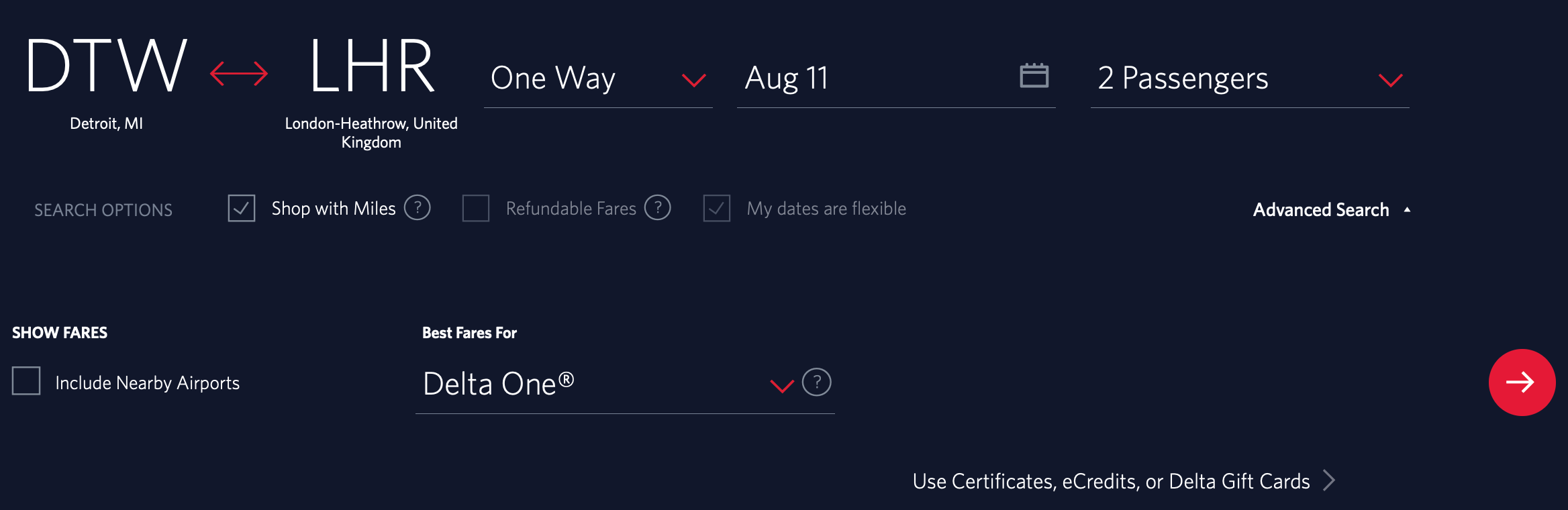 DTW to LHR award ticket search on Delta.com
