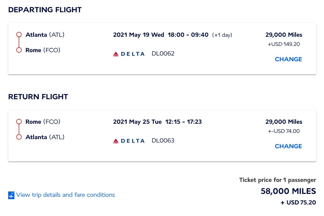 Delta covid-tested flight award ATL-FCO