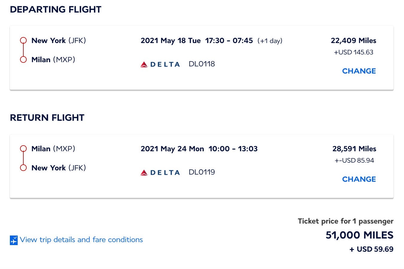 Delta covid-tested flight award JFK-MXP