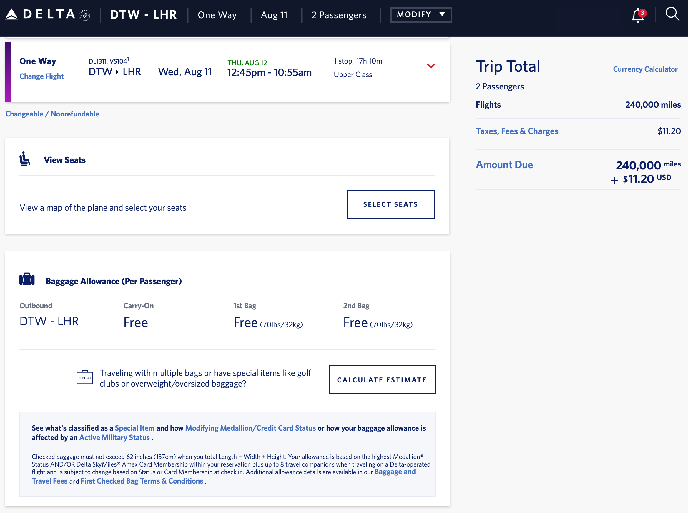 Delta itinerary summary