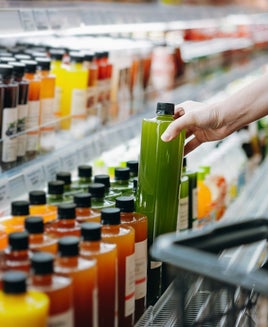 a persons hand pulling a juice bottle from a store shelf