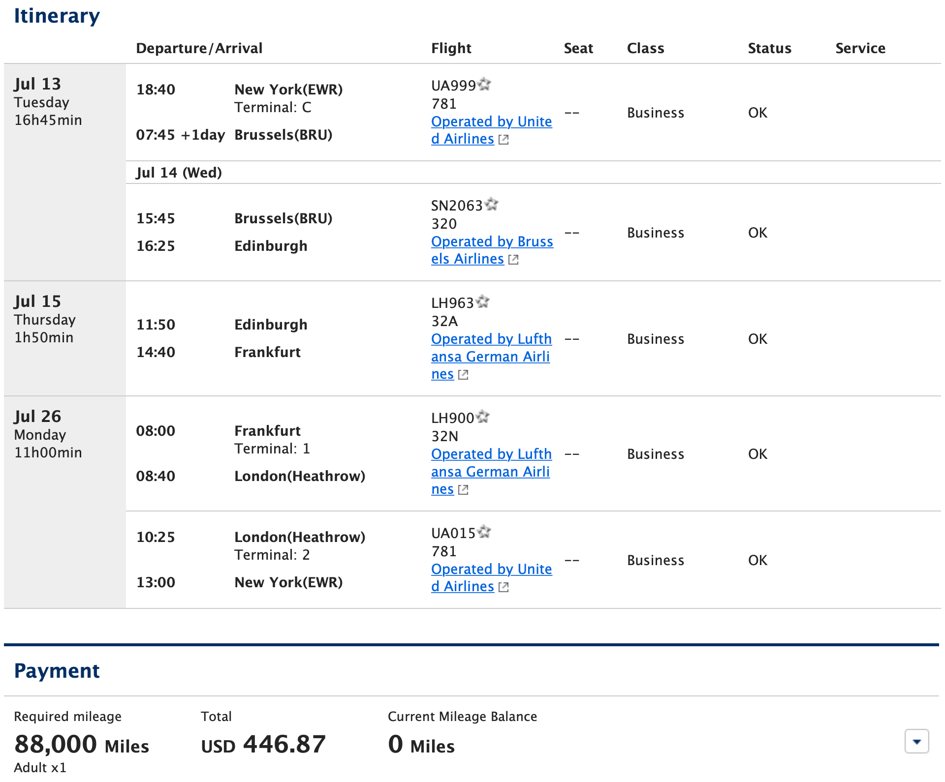 EDI itinerary on ANA
