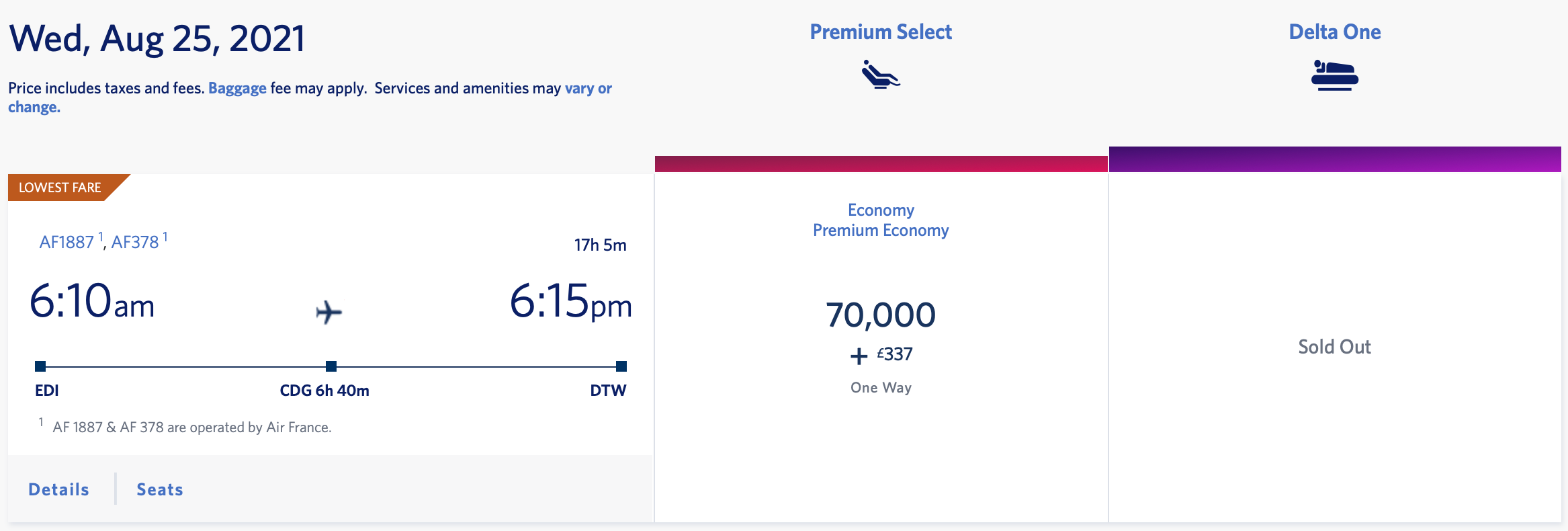 EDI to DTW premium economy Delta award ticket