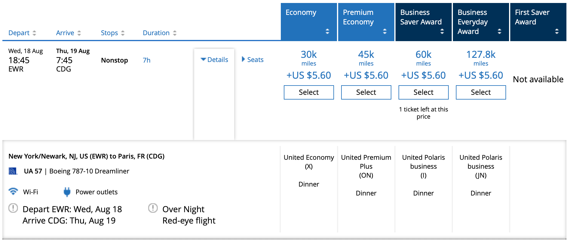 EWR to CDG United award ticket