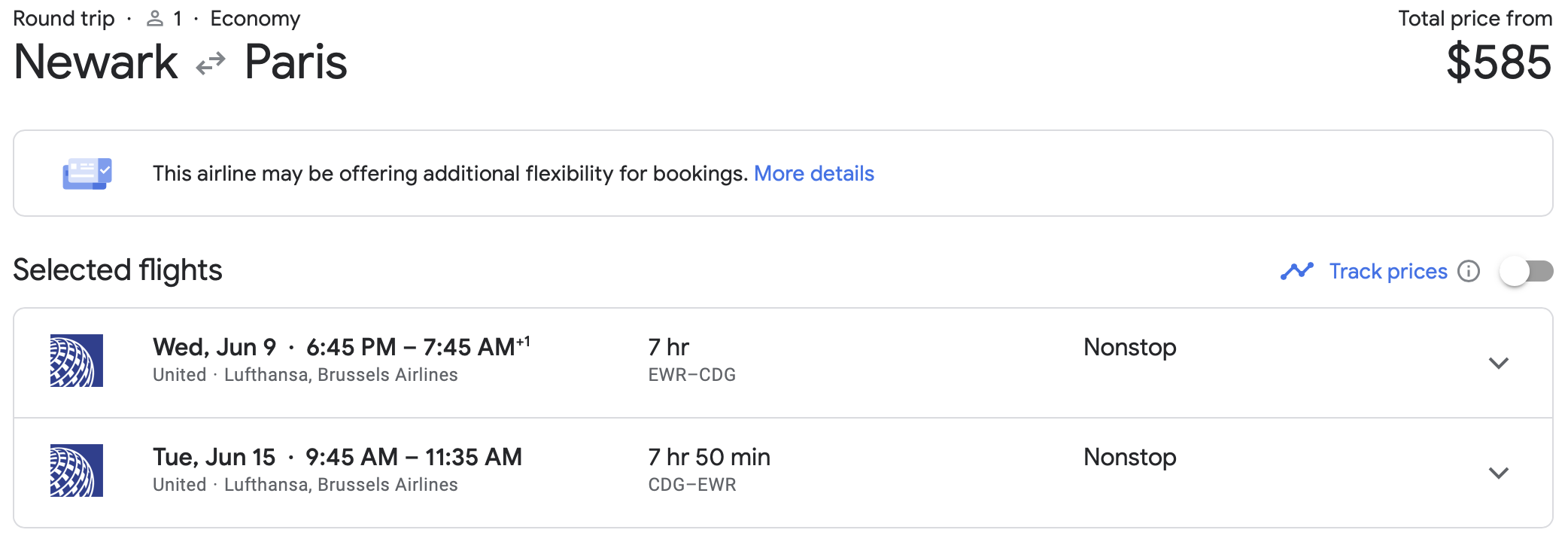 EWR to CDG United economy ticket