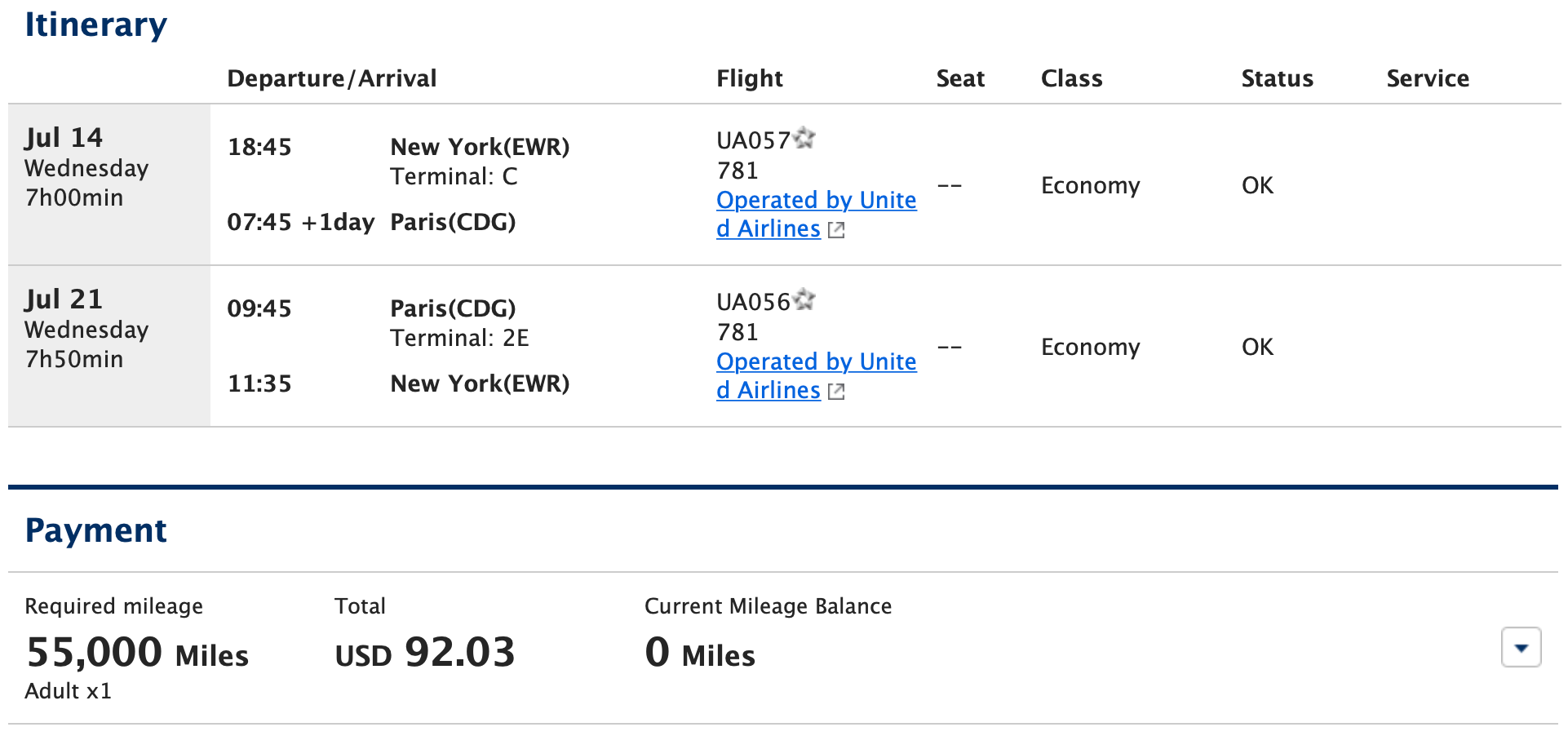 EWR to CDG round-trip itinerary