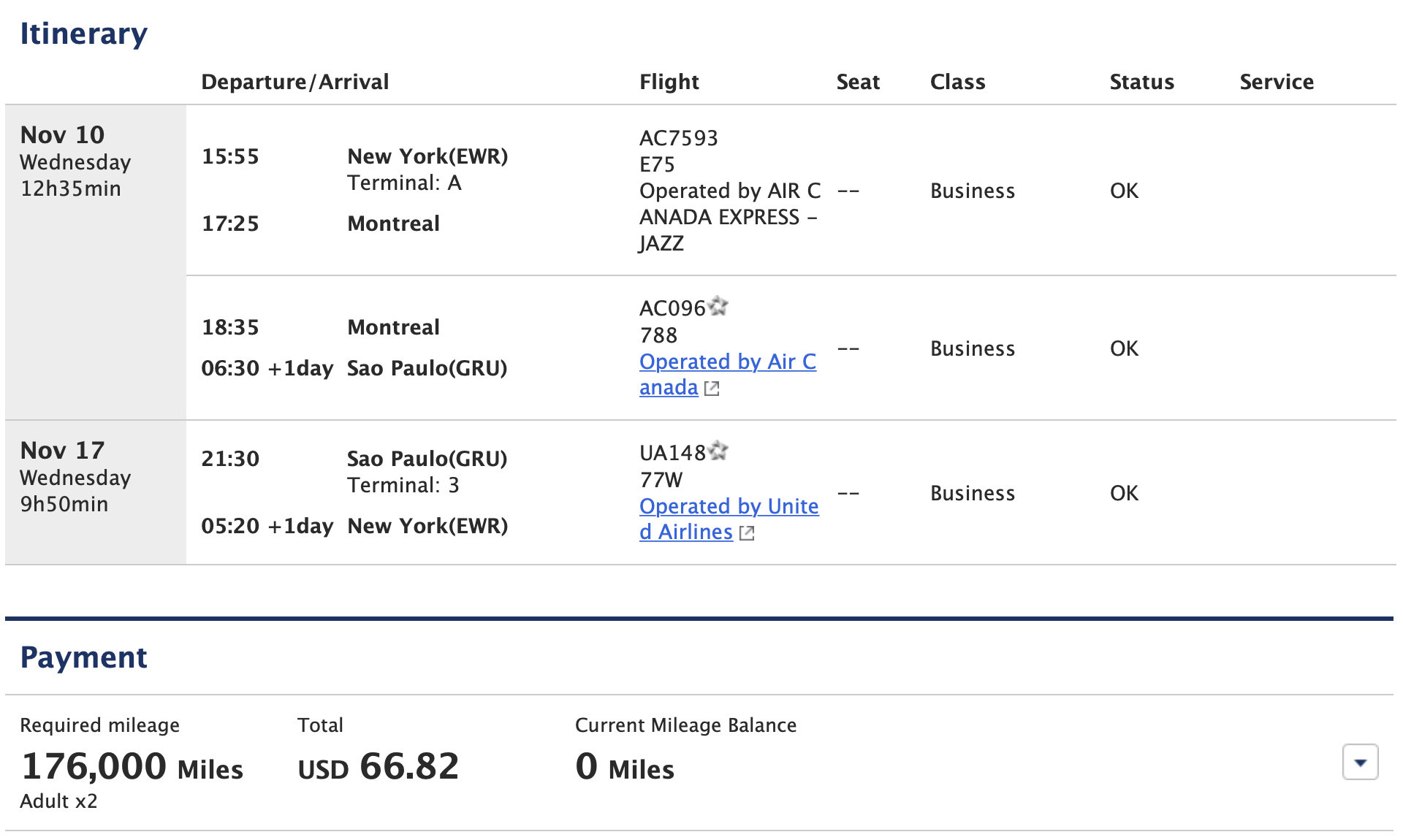 EWR to GRU ANA Award