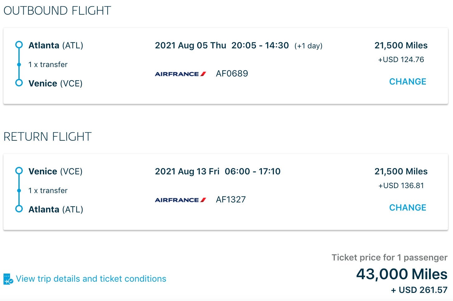 Flying Blue award ATL - VCE