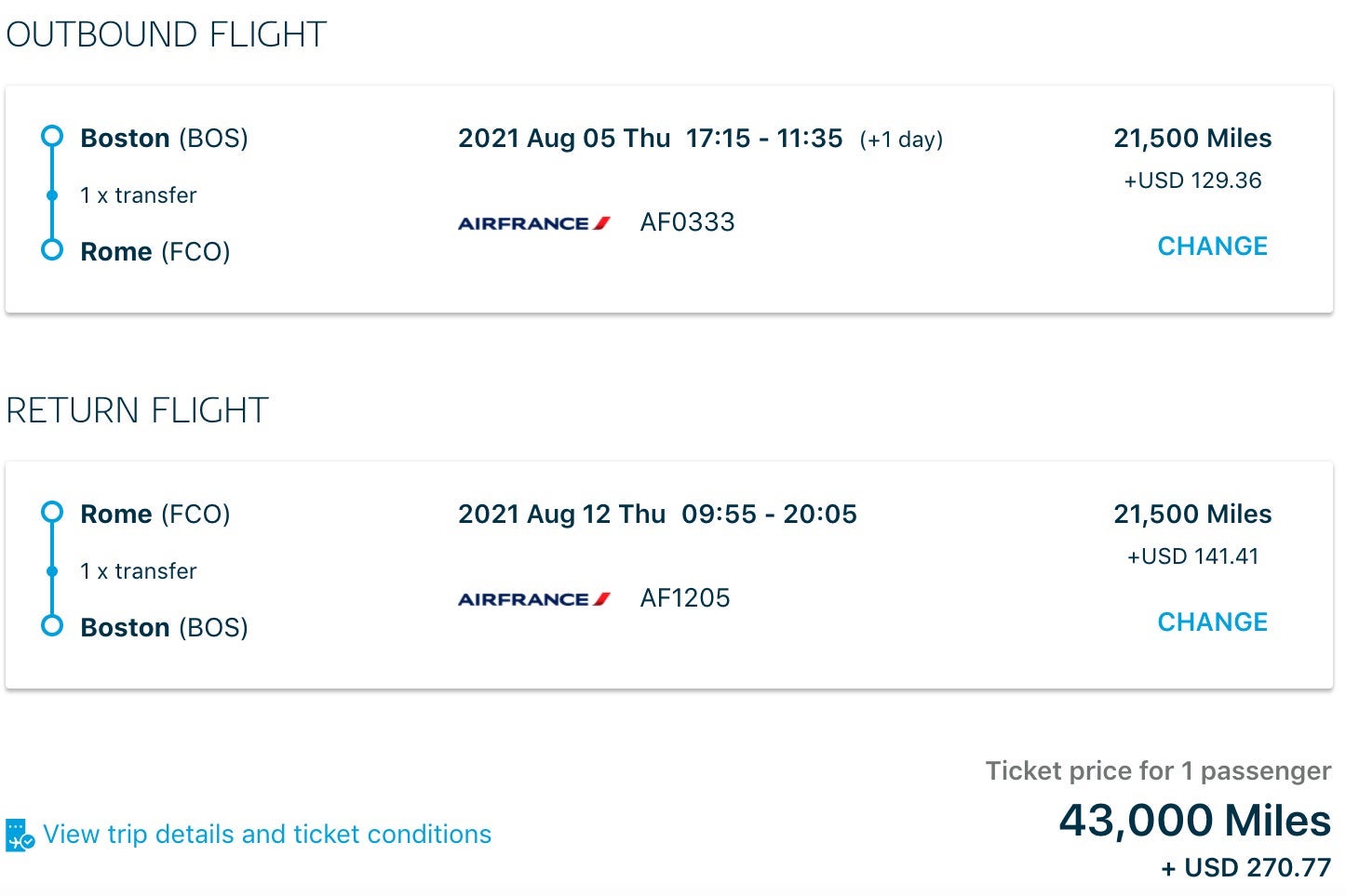 Flying Blue award BOS-FCO