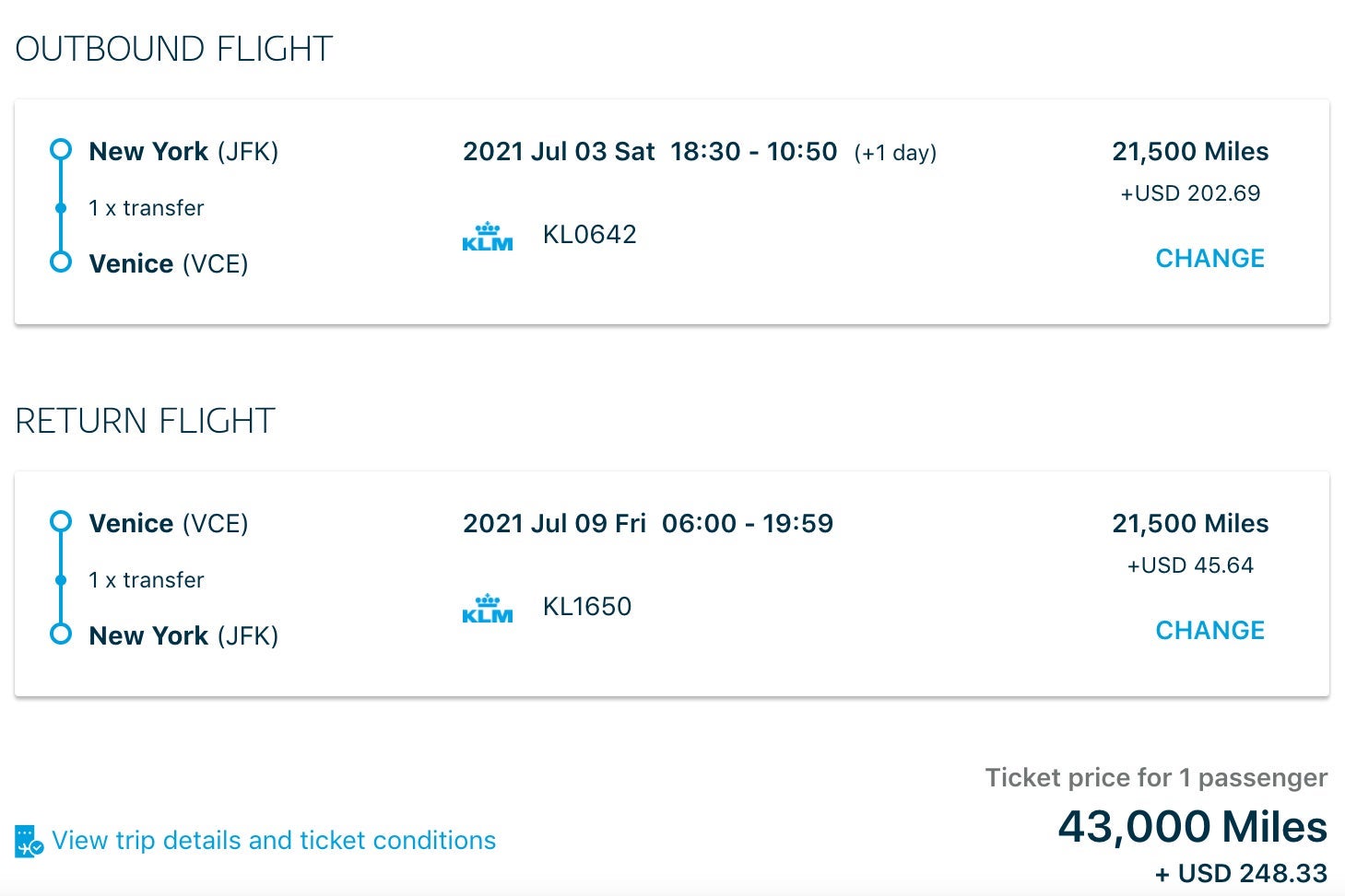 Flying Blue award JFK - VCE