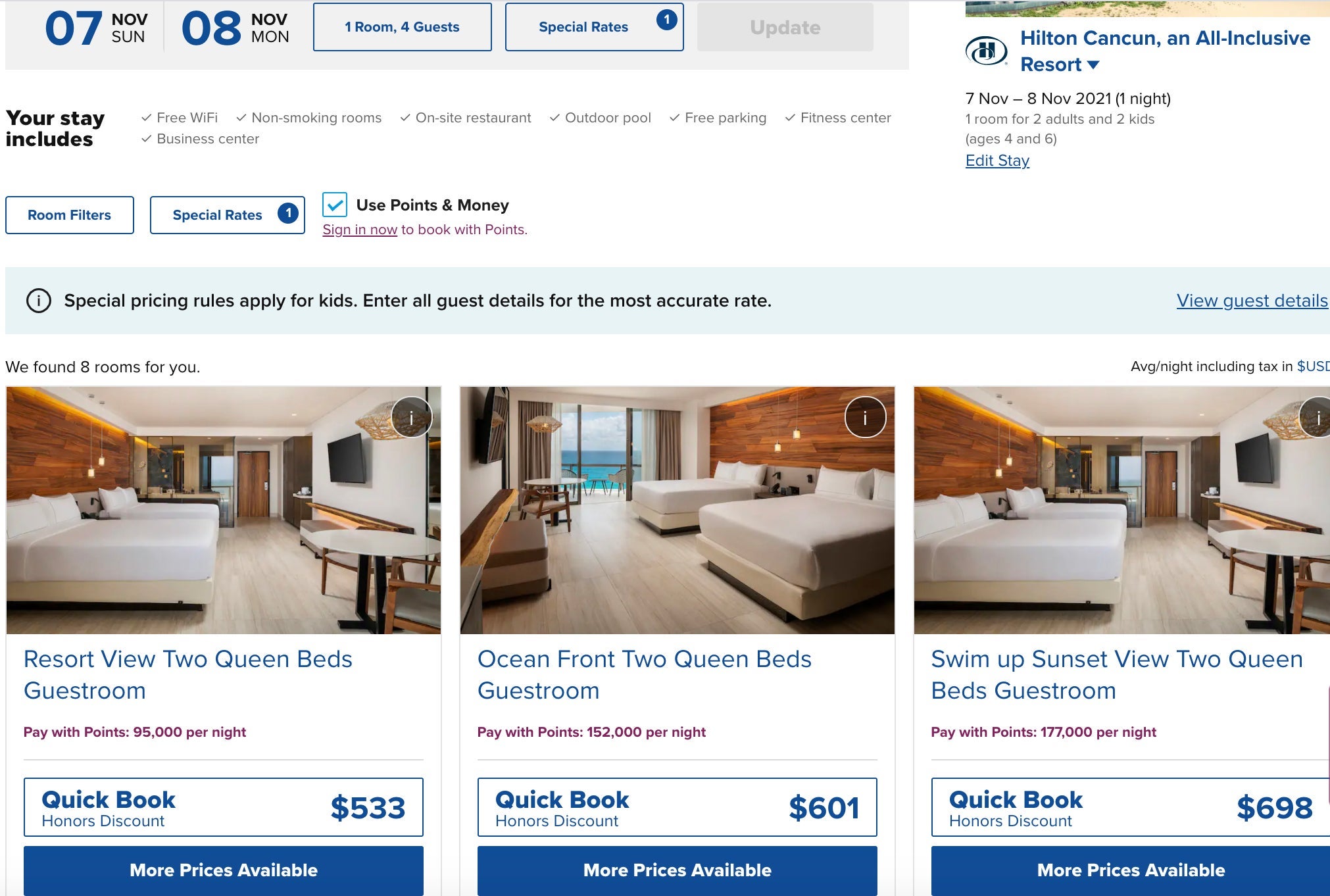 Hilton Cancun point rate for families November