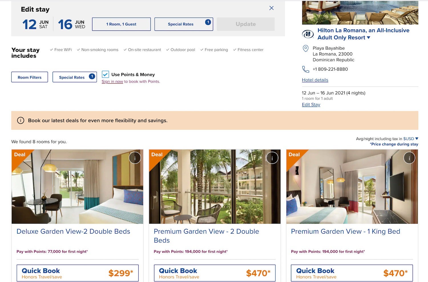 Hilton La Romana all-inclusive point rates June 2021