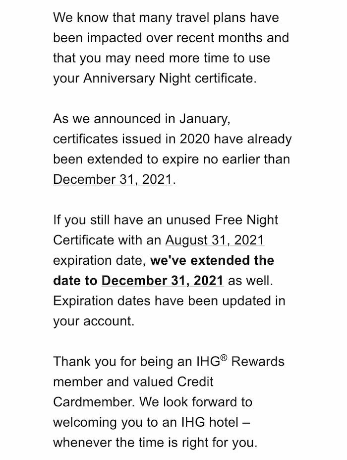 IHG free night award extension dec 2021