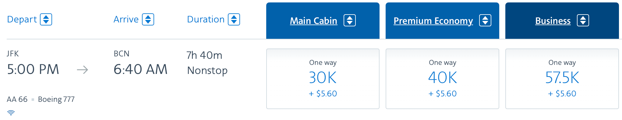 JFK to BCN American one-way ticket