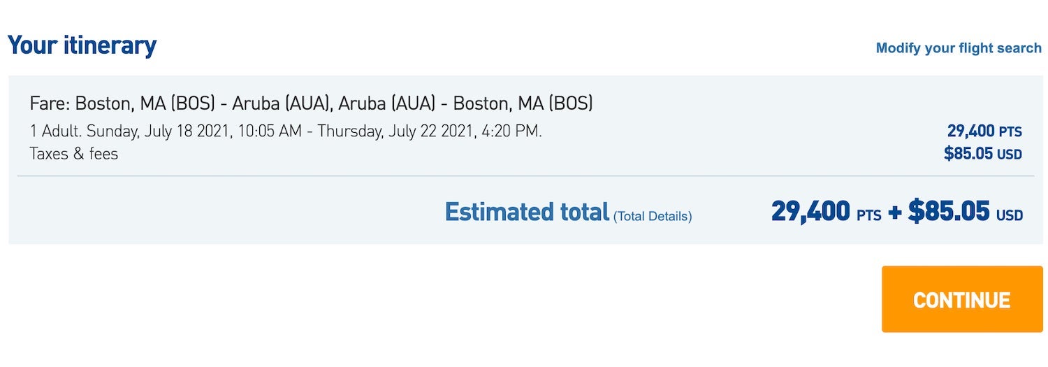 JetBlue BOS-AUA award ticket in July 2021