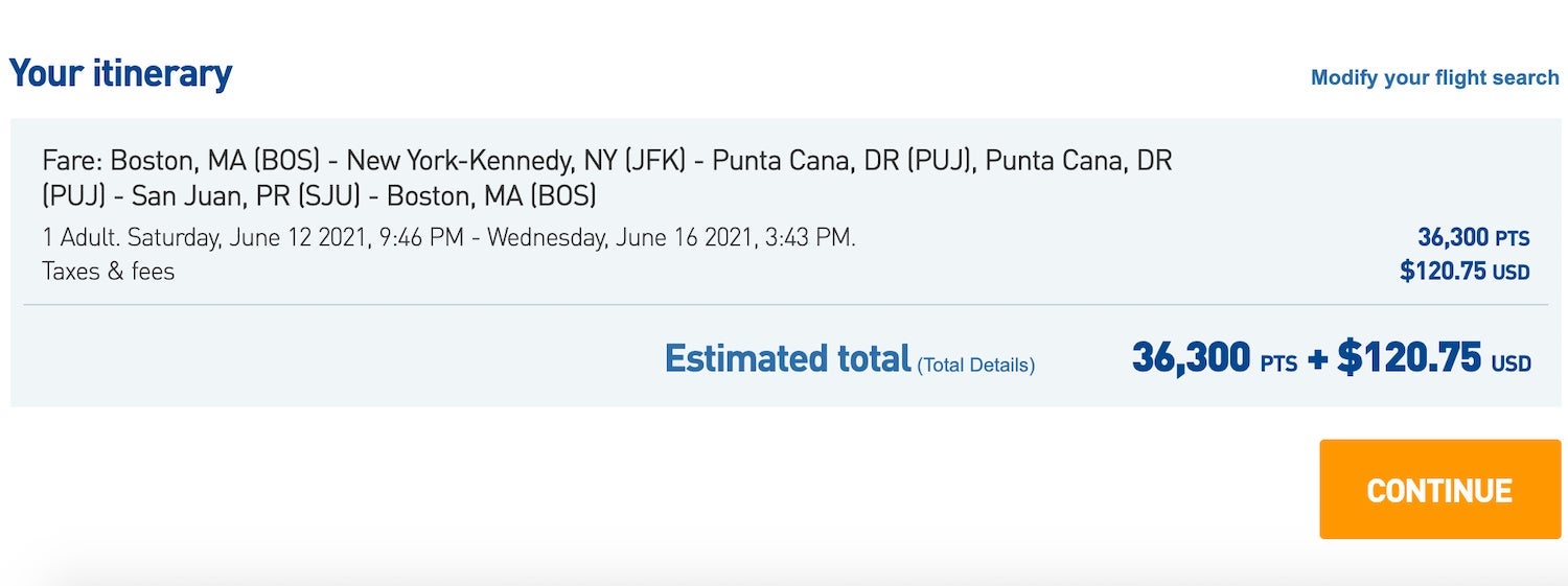 JetBlue BOS-PUJ award ticket June 2021