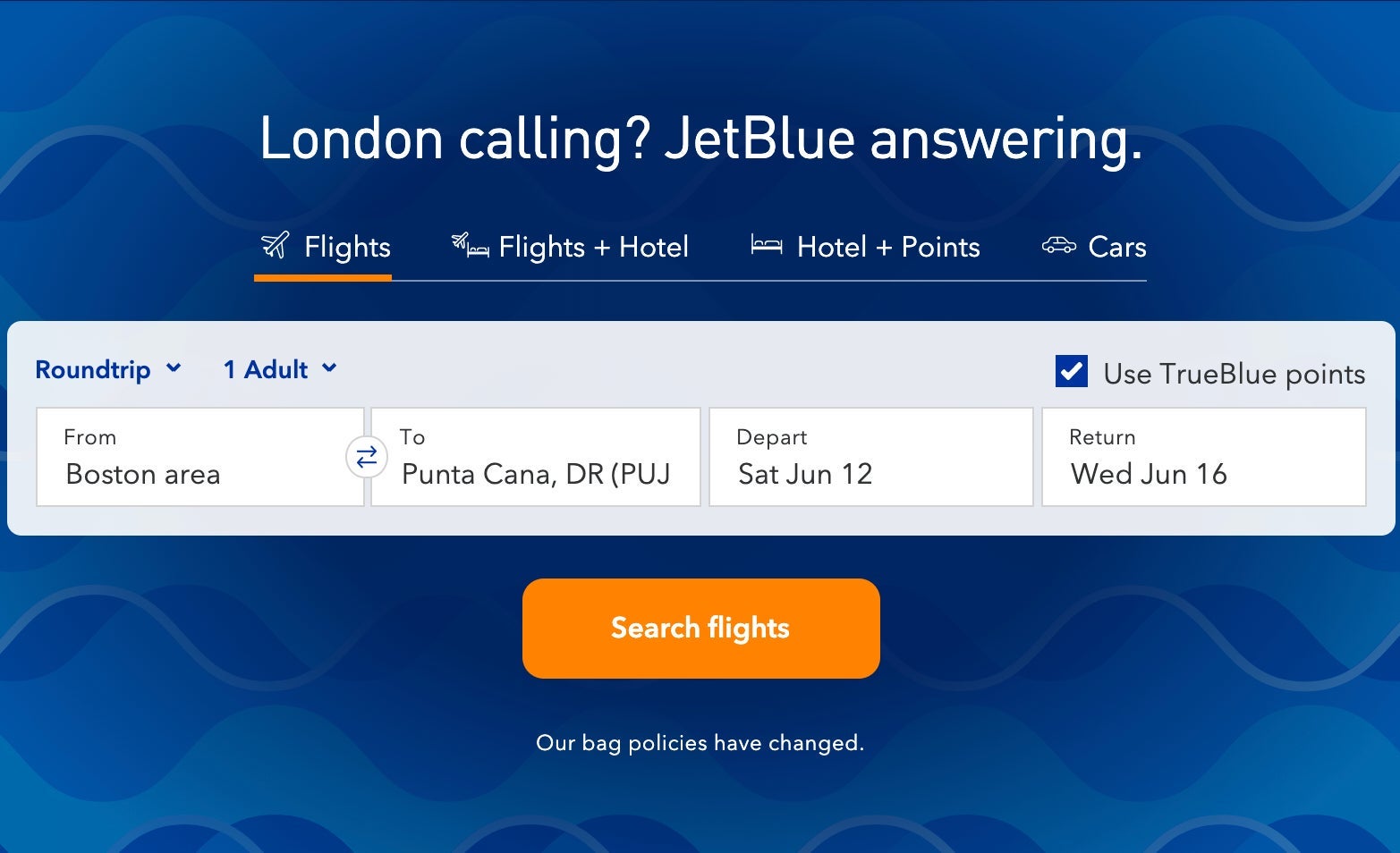 JetBlue.com home page search bos-puj
