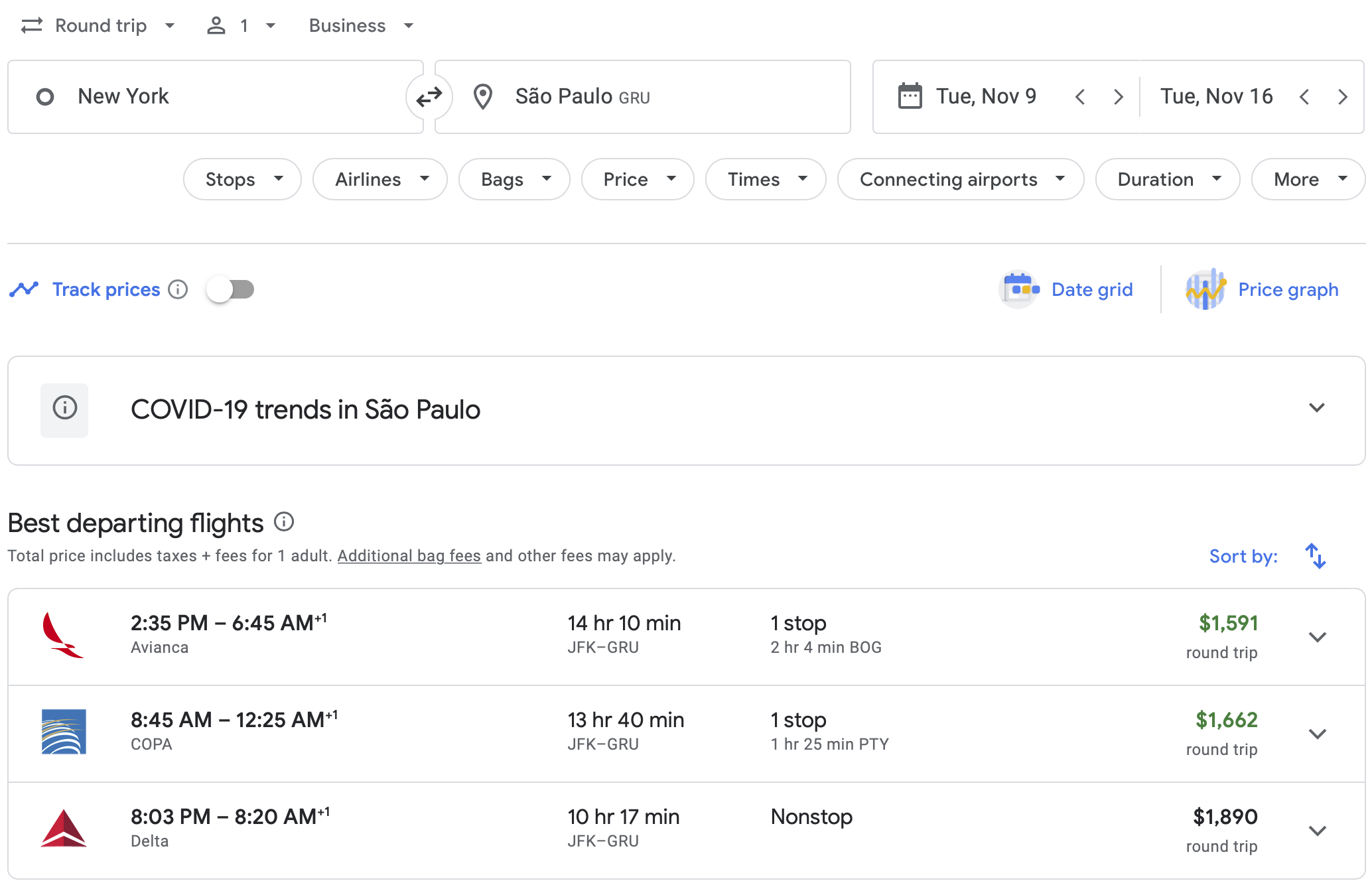 NYC to GRU Google Flights pricing