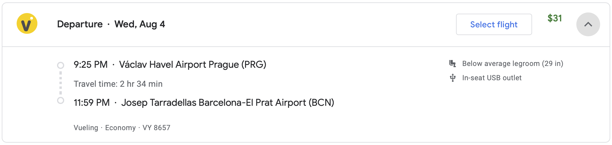 Prague to Barcelona Google Flights itinerary on Vueling