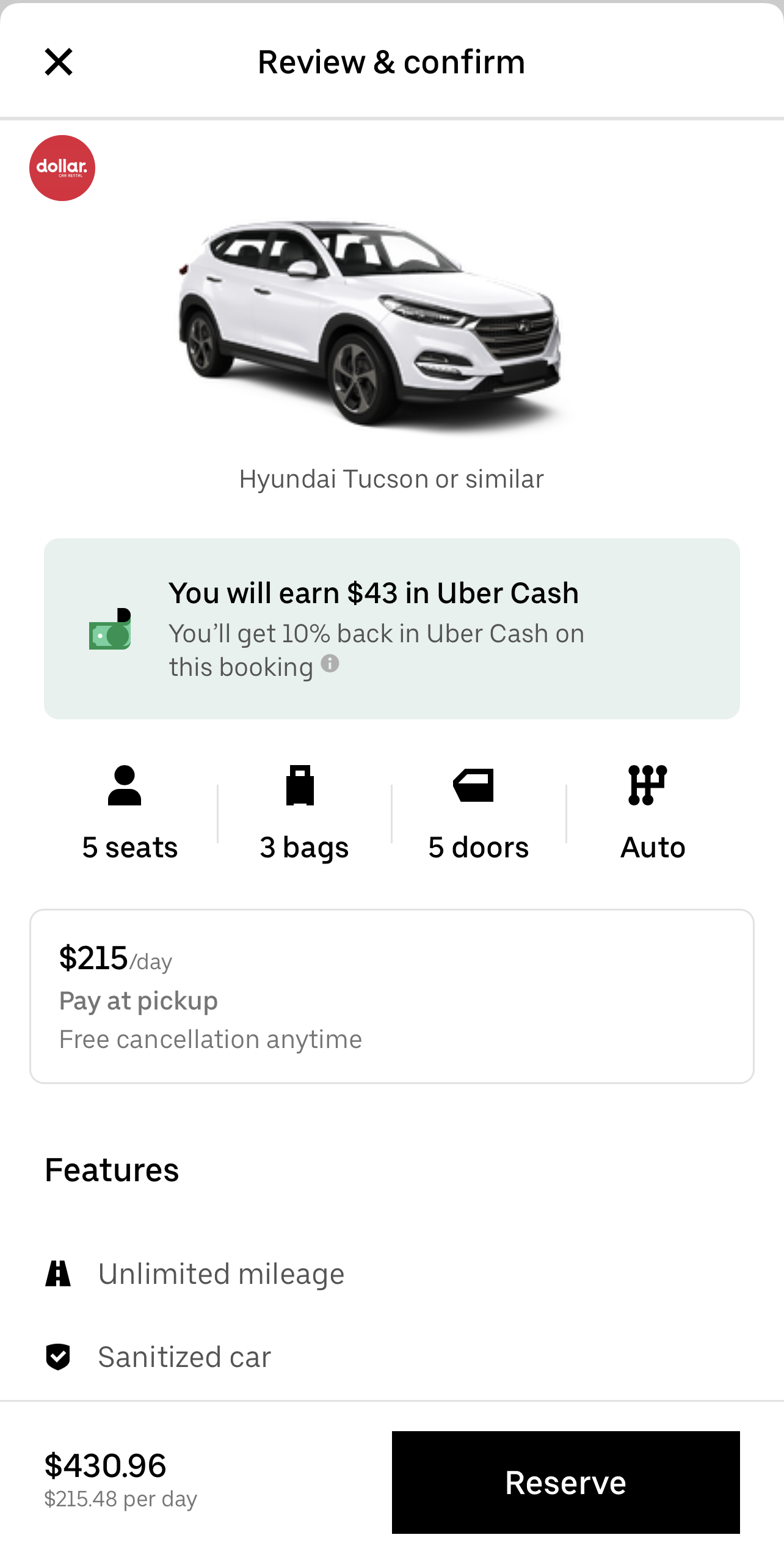 Rental car details in Uber app