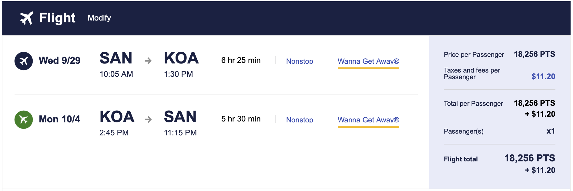 SAN to KOA Southwest award ticket