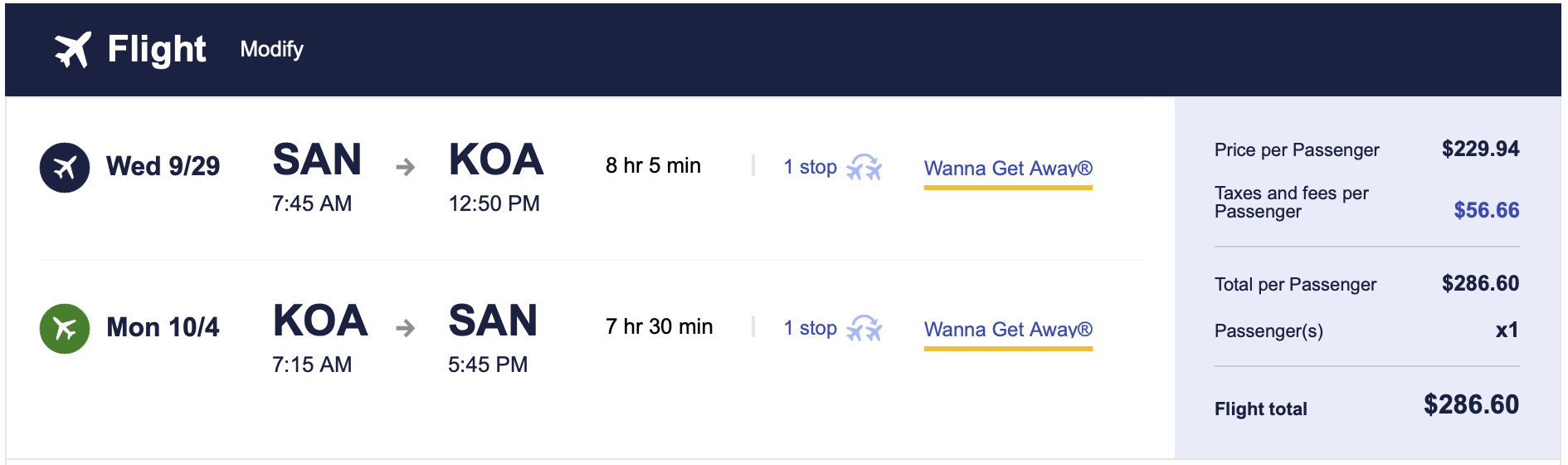 SAN to KOA Southwest ticket