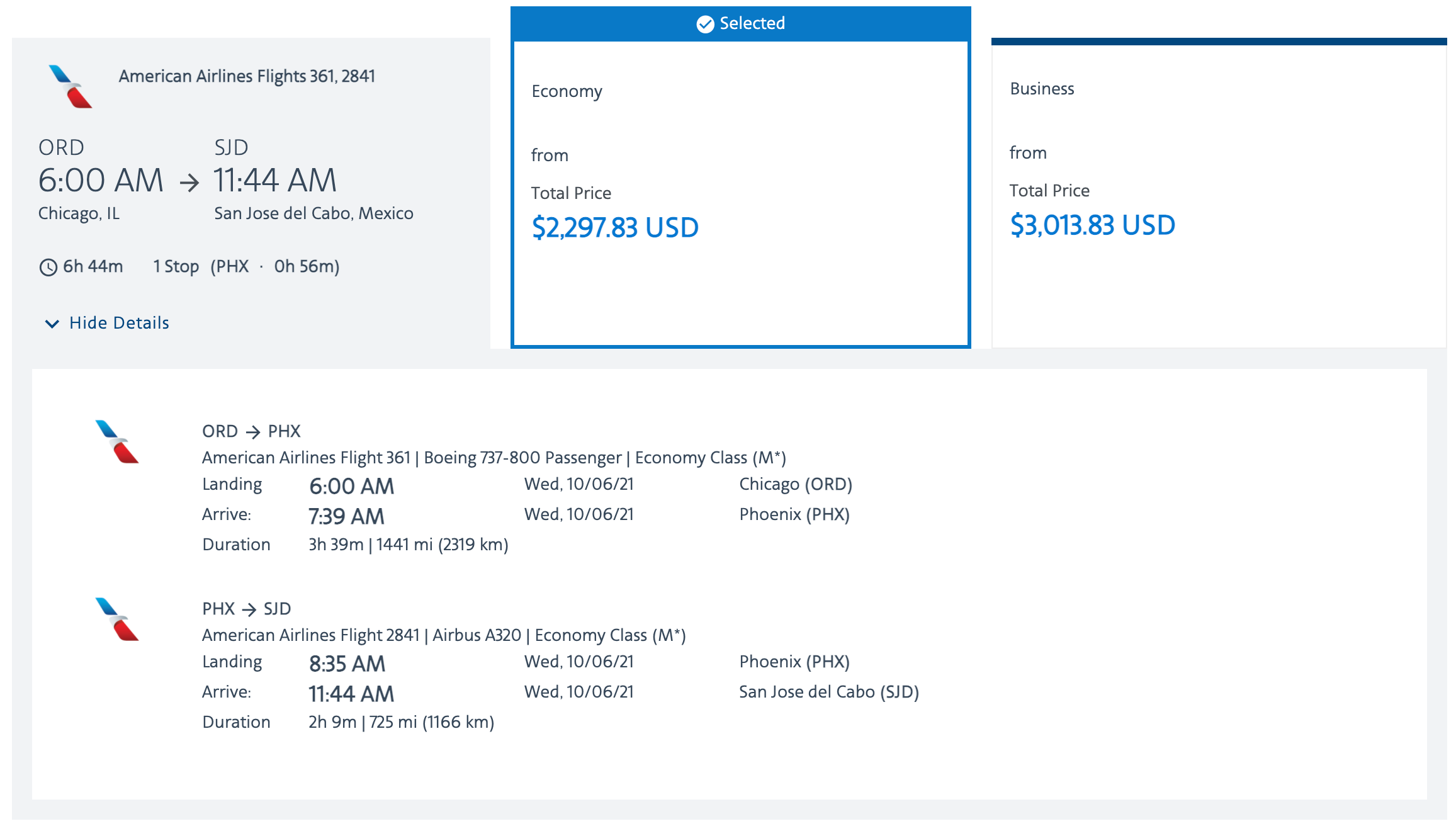 Sample AA Vacations booking with a special fare