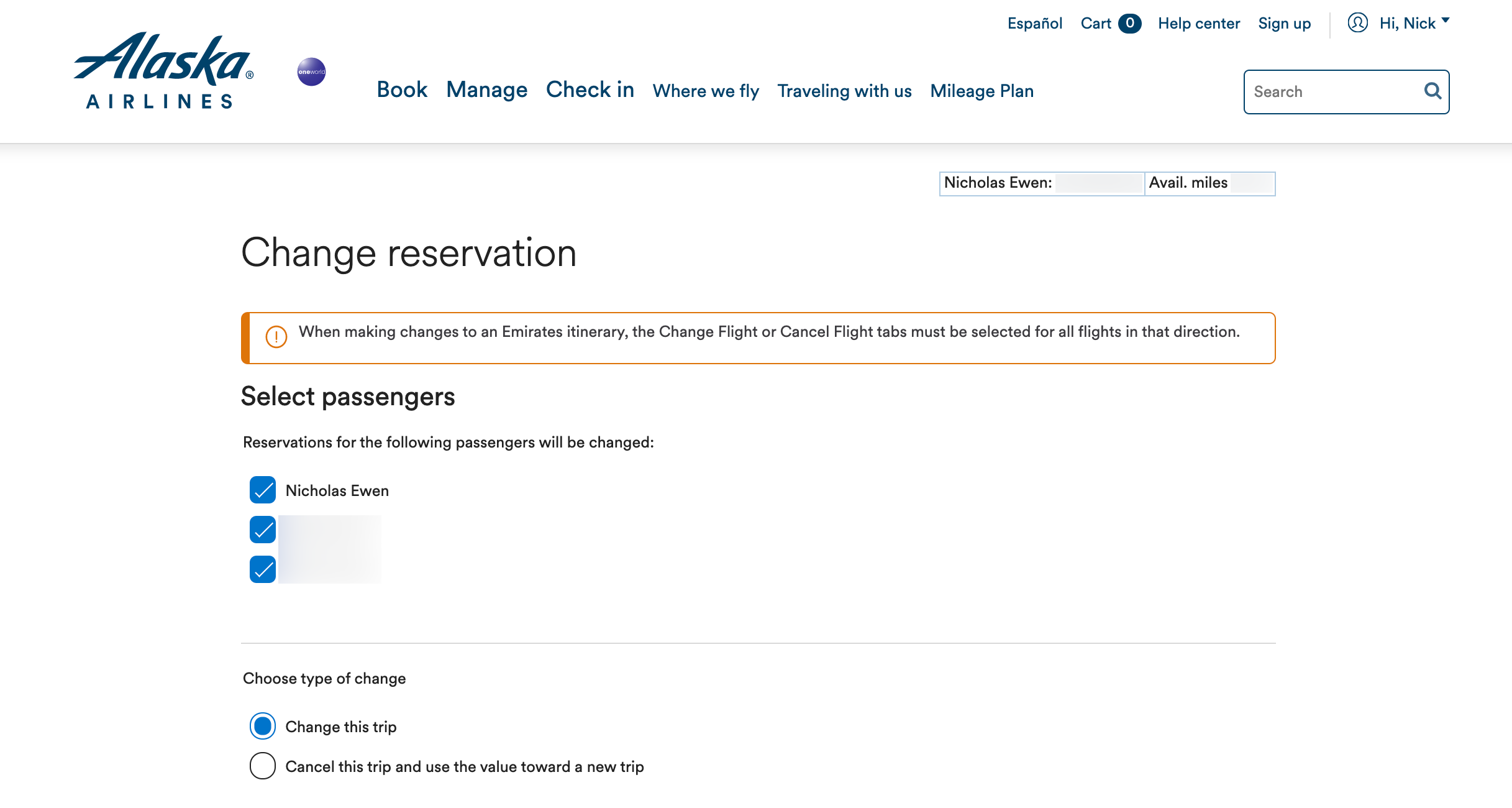 Online prompt for changing an Emirates ticket booked with Alaska miles