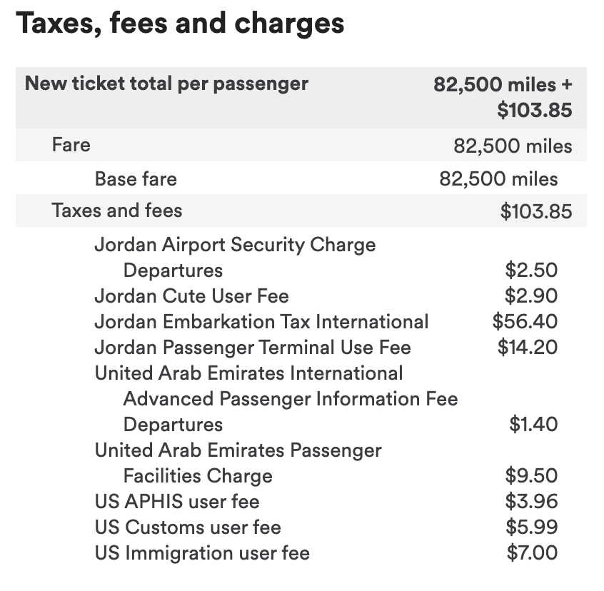 The taxes and fees for a one-way award flight on Emirates from Amman, Jordan to the U.S.