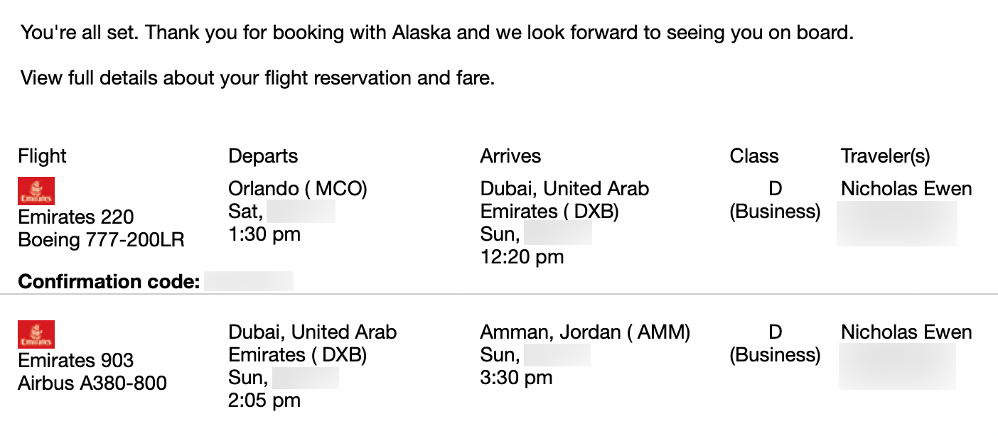 A screen shot of a confirmed Emirates flight booked with Alaska Airlines miles