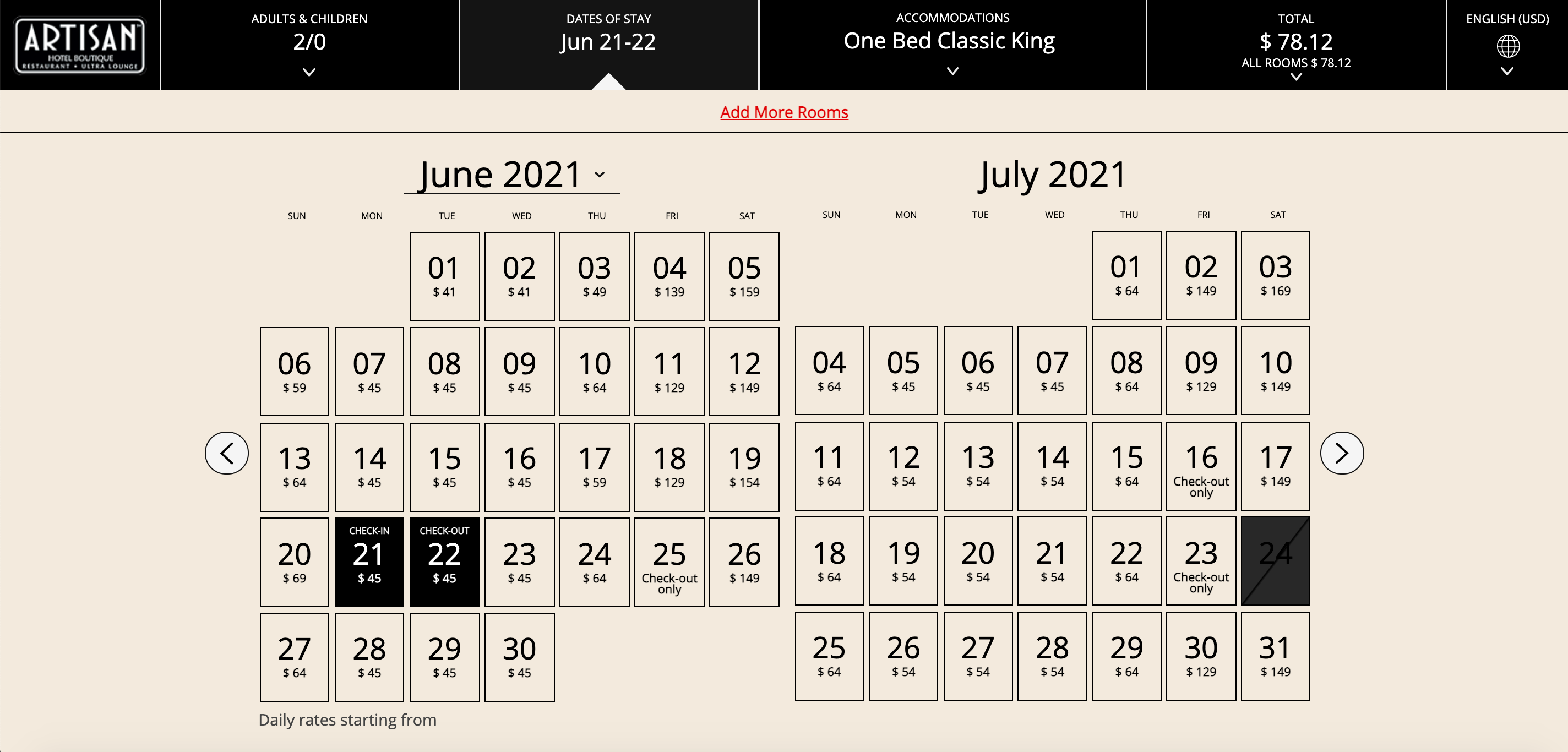 Hotel rates at the Artisan Hotel in Las Vegas for June and July of 2021