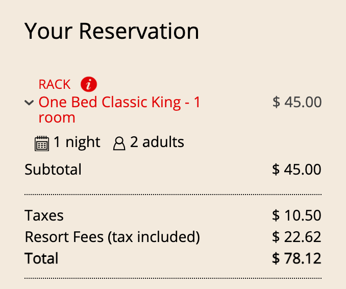 Price breakdown at the Artisan Hotel in Las Vegas