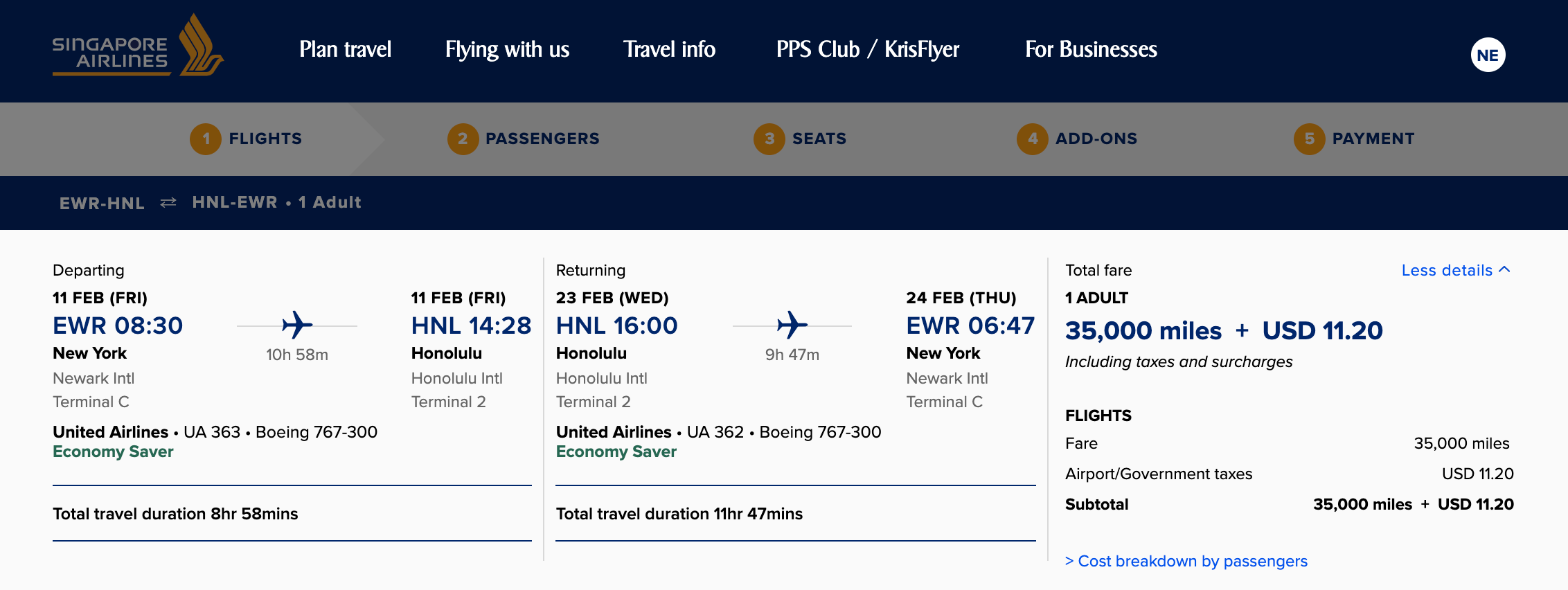 A round-trip United flight from Newark to Honolulu booked with Singapore miles