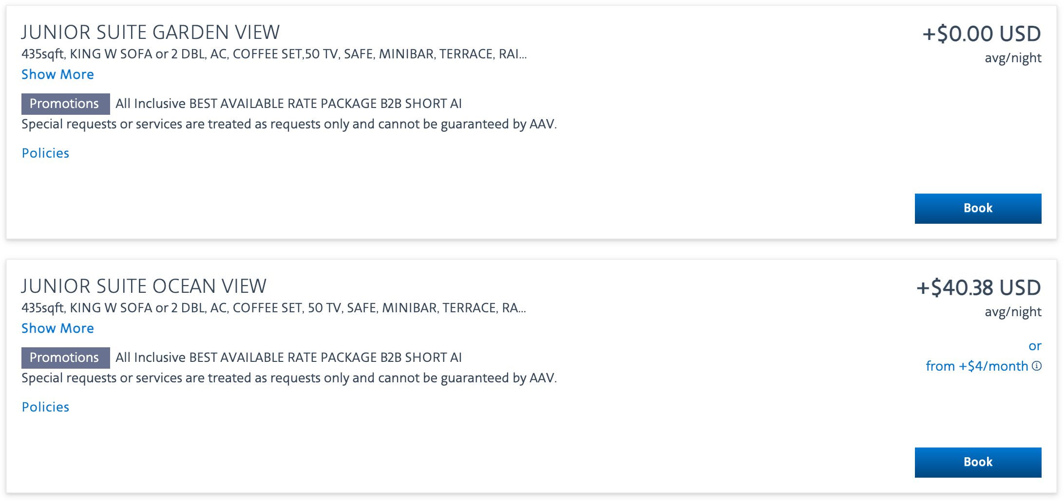 Looking at room options on AA Vacations