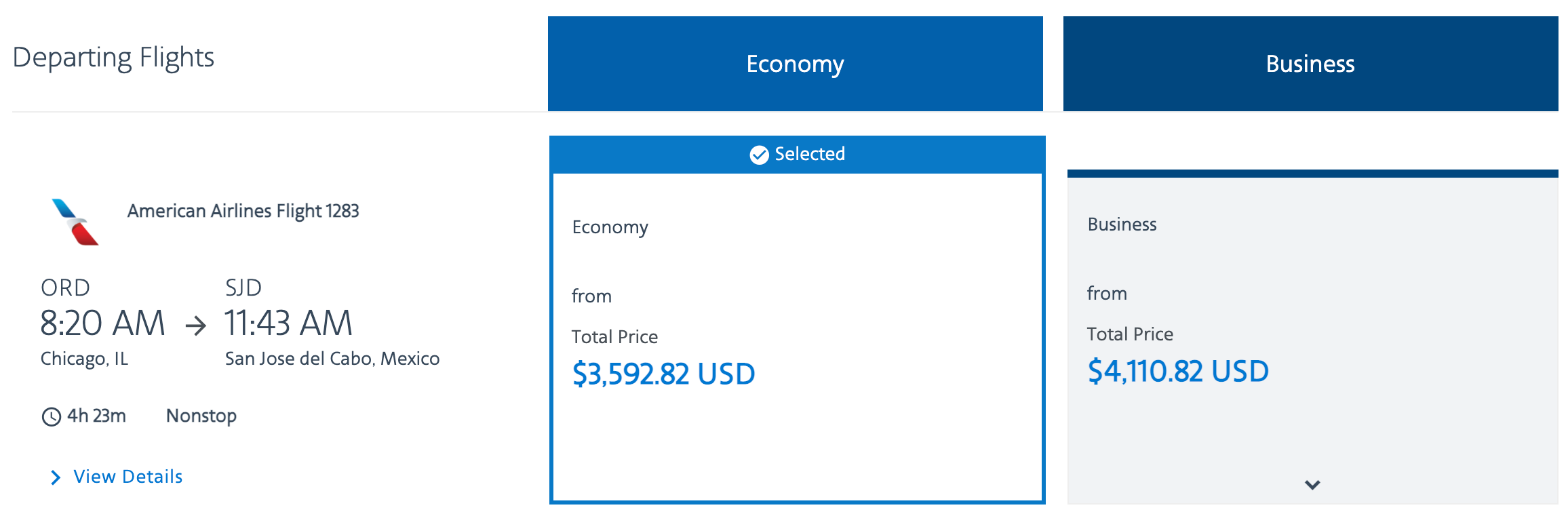 Selecting a flight on AA Vacations