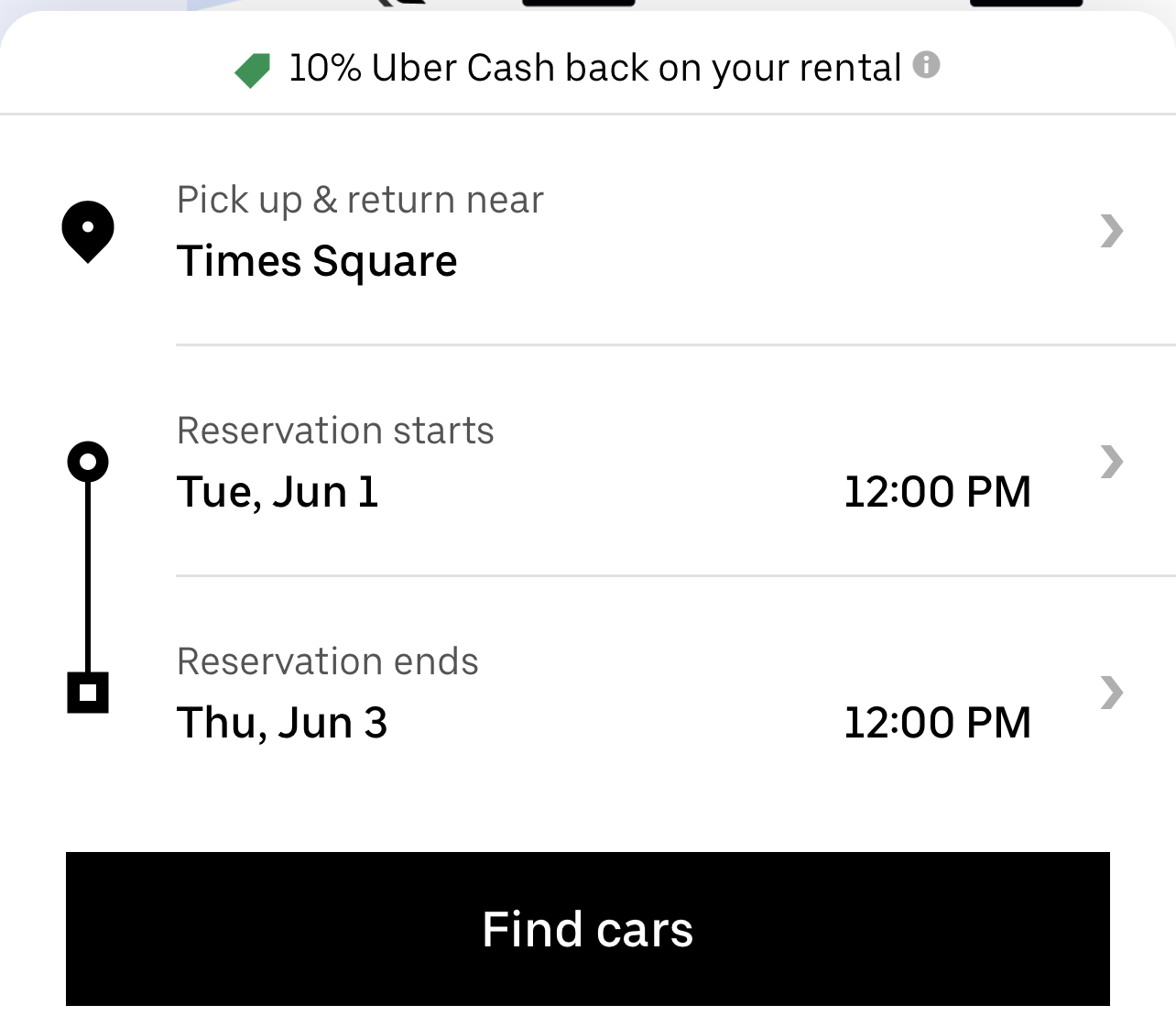 Searching for a rental car in Uber app