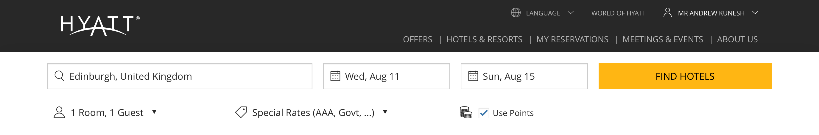 Setting up a booking on the Hyatt homepage