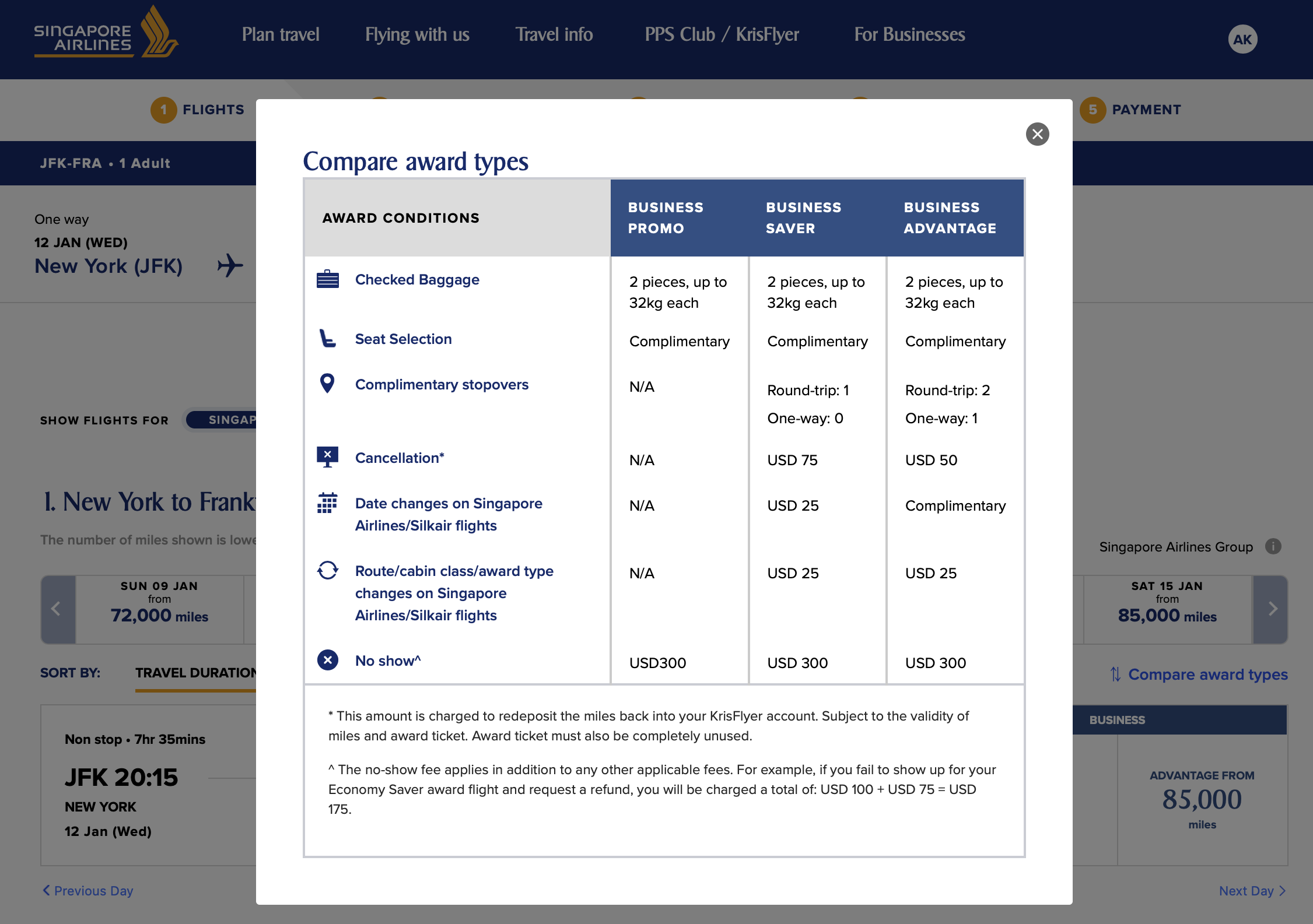 Singapore airlines award types comparison chart