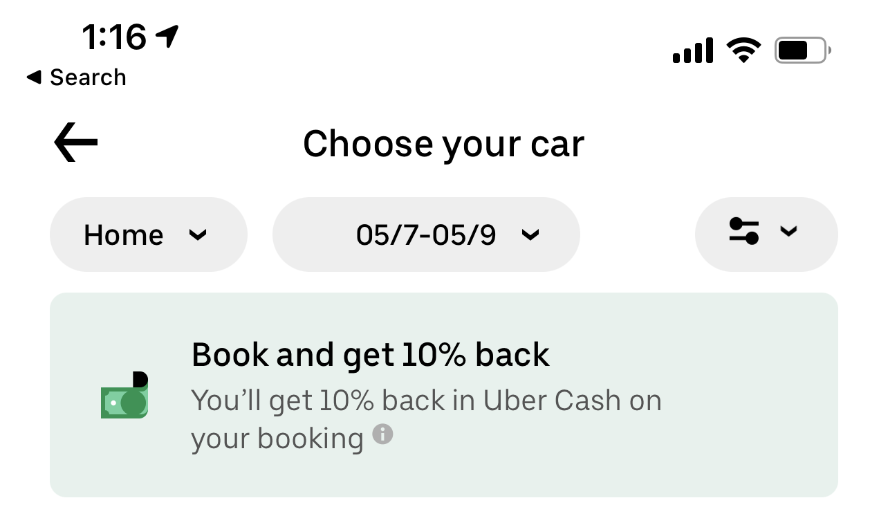 Uber Cash promotion for rental cars