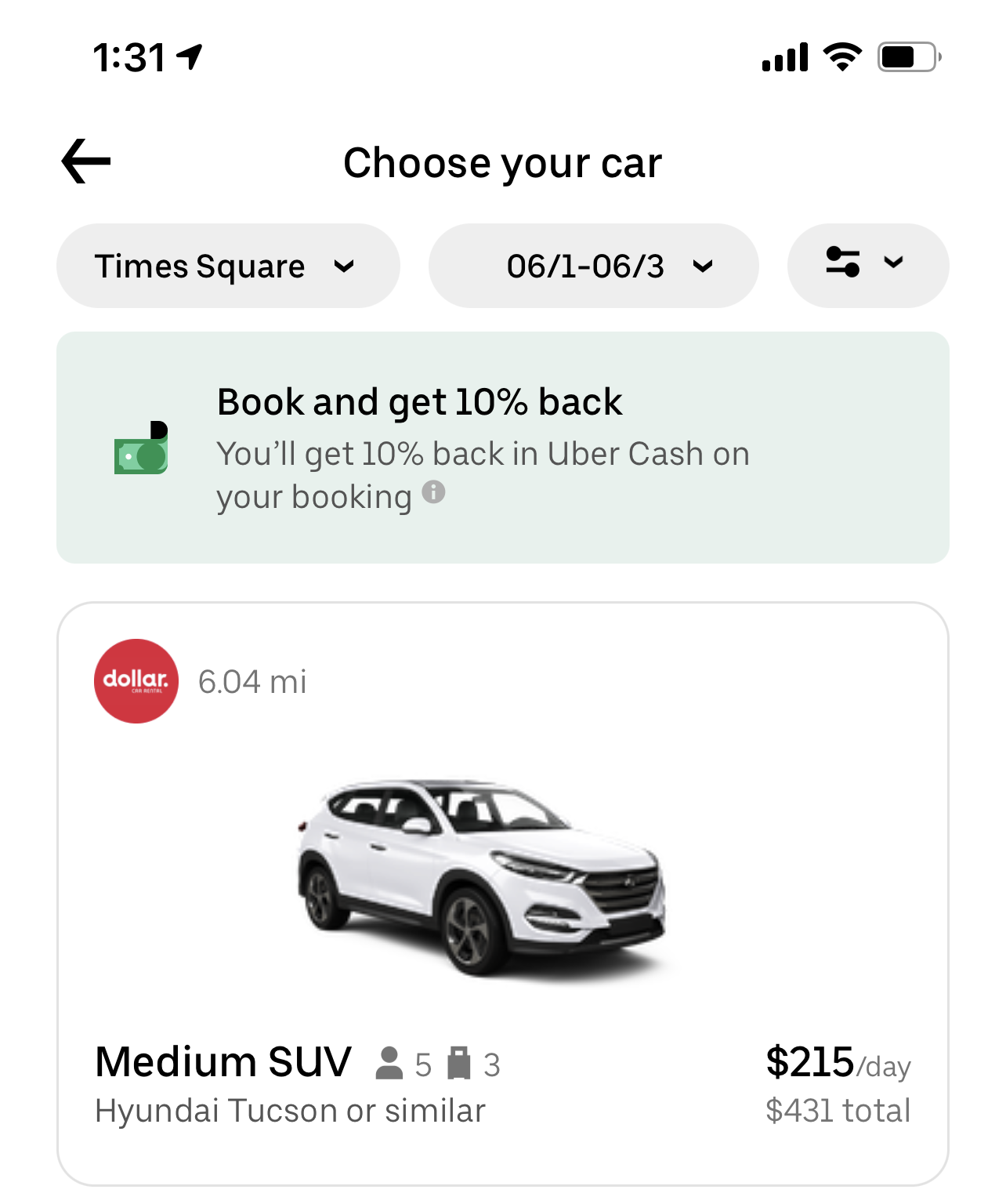 Viewing rental cars in Uber app