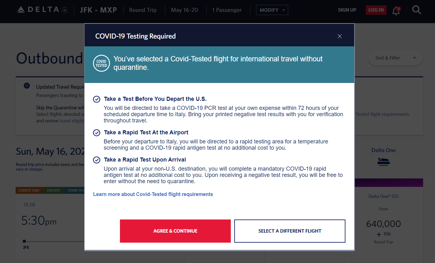 JFK-MXP COVID-tested flight requirements