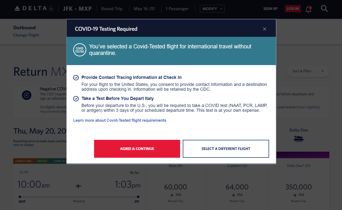 MXP-JFK COVID-tested flight requirements