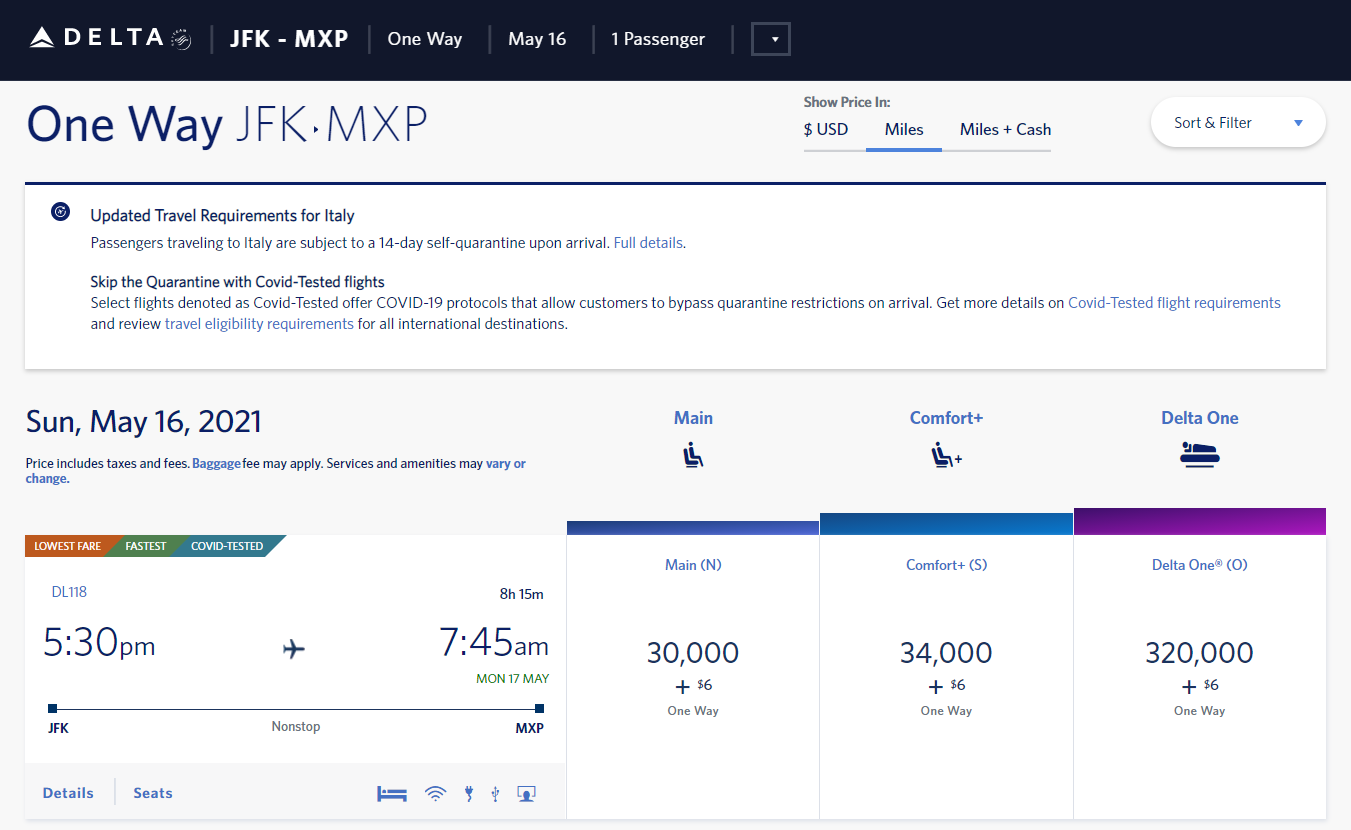 Delta COVID-tested flag for flights
