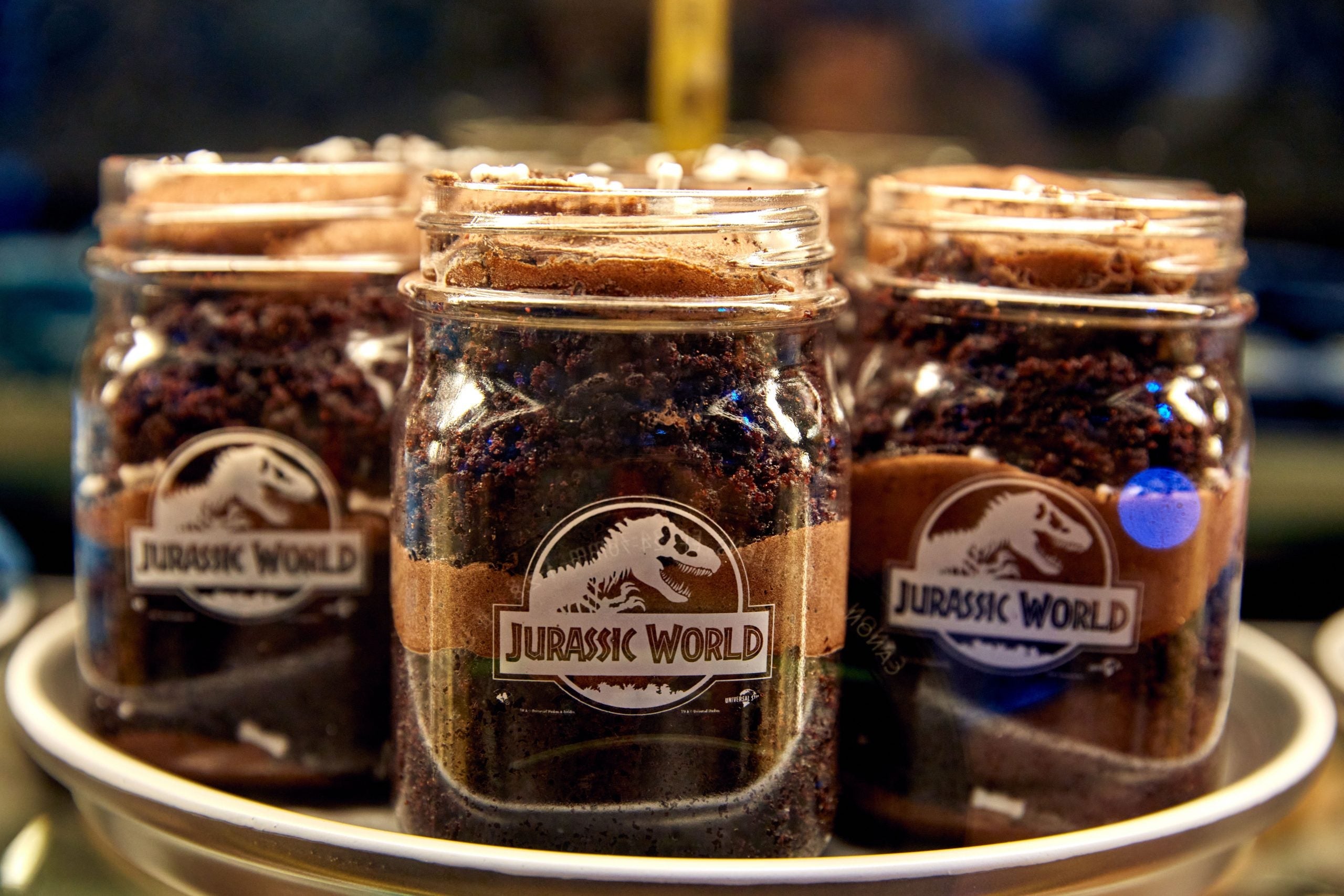 close up photo of dessert jars offered at the Jurassic World Velocicoaster tribute store