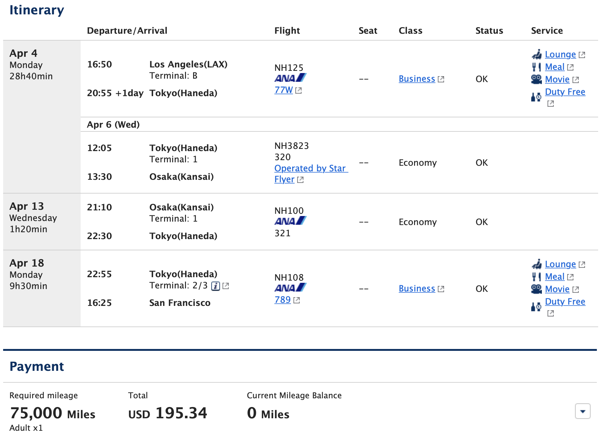 ANA Mileage Club example itinerary from the US to Japan