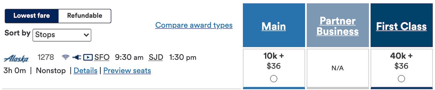 Alaska Airlines SFO-SJD award
