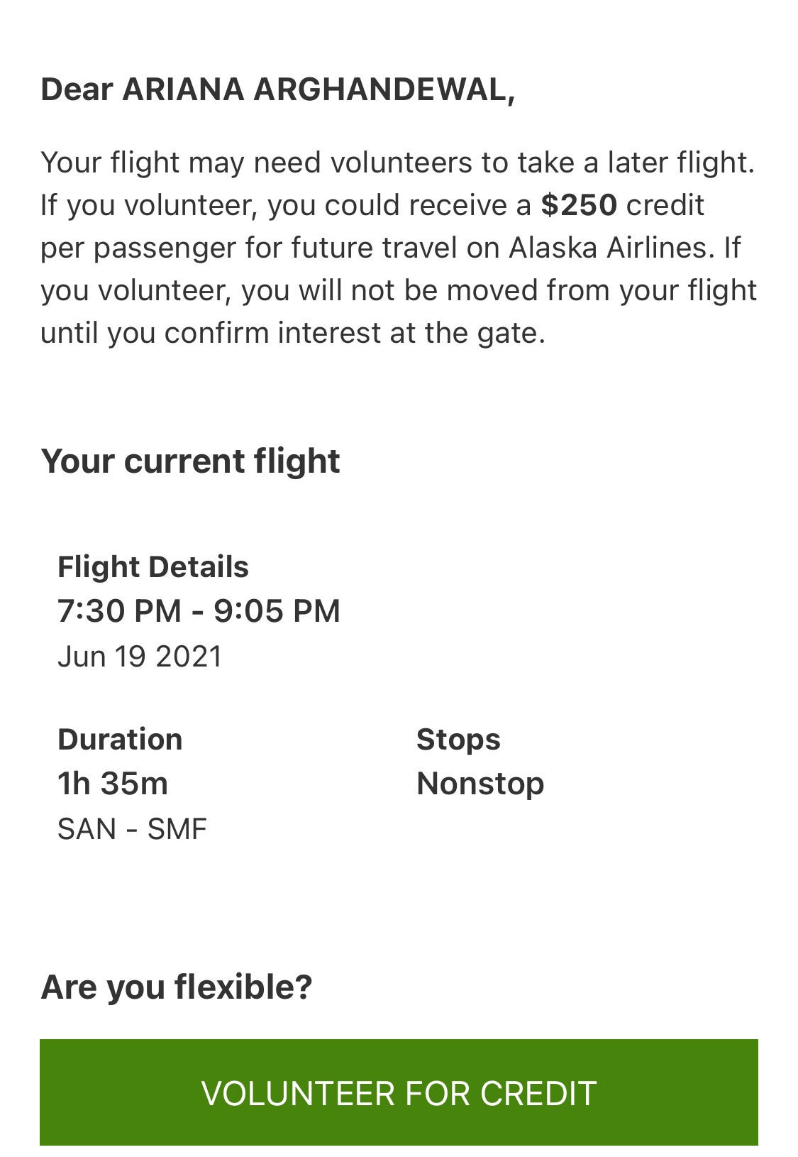 Alaska Airlines flight bump offer