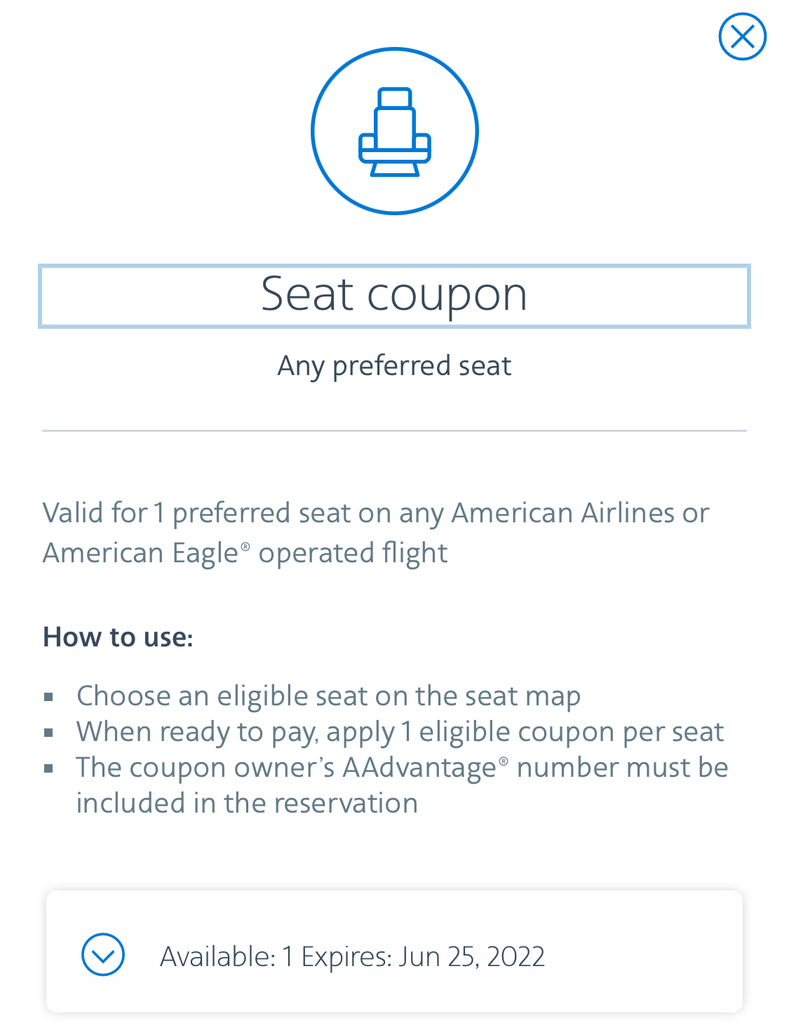 American Airlines preferred seat upgrade coupon