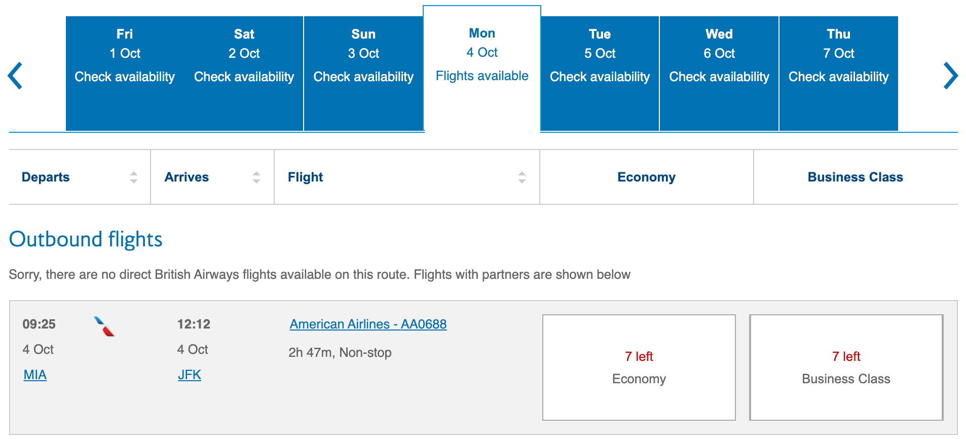 BA award availability