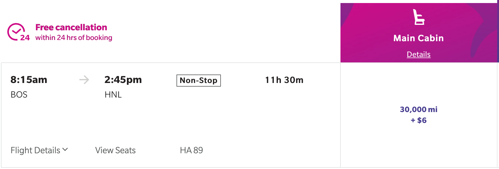 BOS to HNL Hawaiian Airlines award ticket